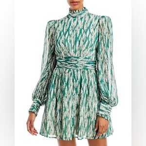 AQUA • NWT Printed Mock Neck Mini Dress - 100% Exclusive In Emerald Green L